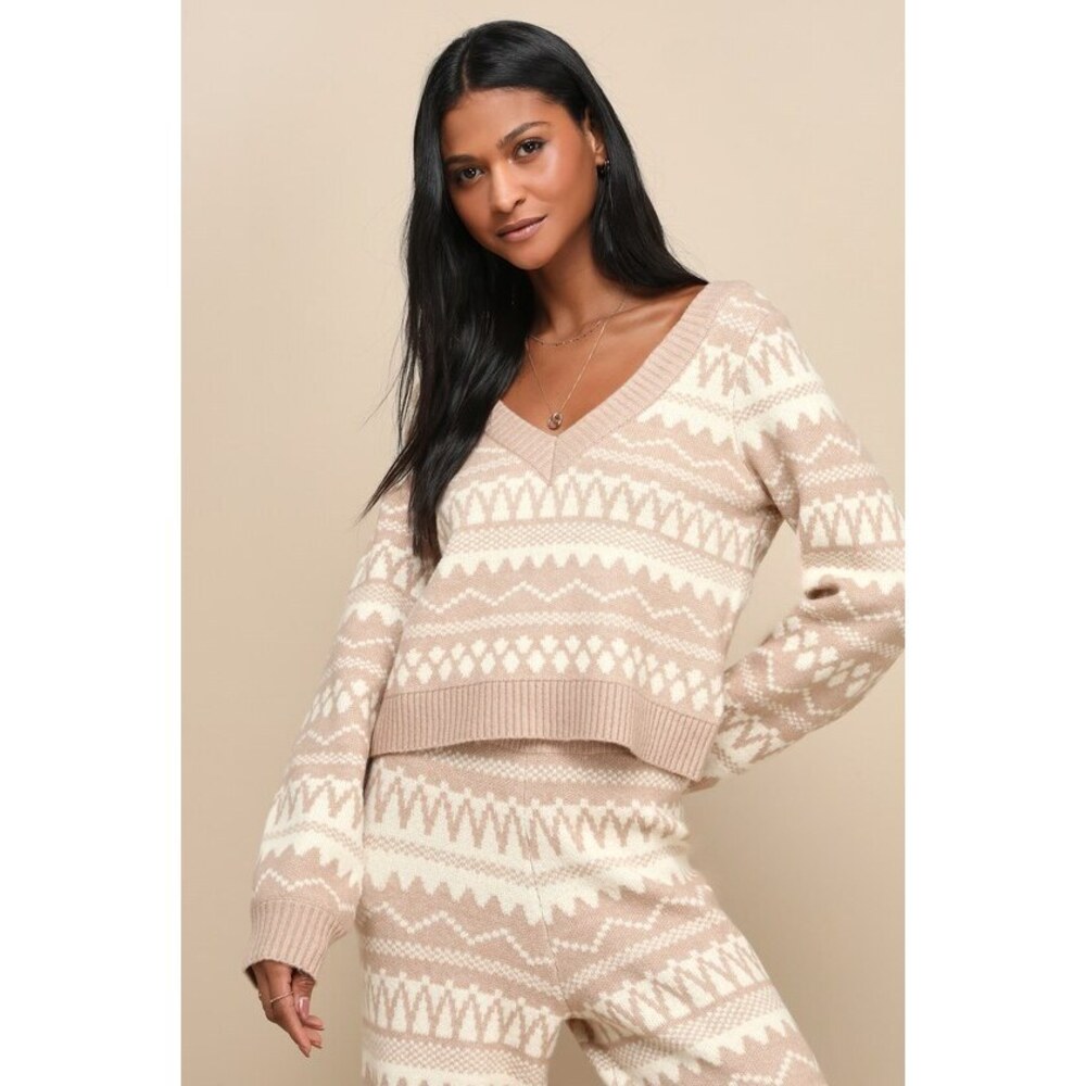 Lulus Cabin Cozy Beige Print V-neck Balloon Sleeve Sweater Top - Size M
